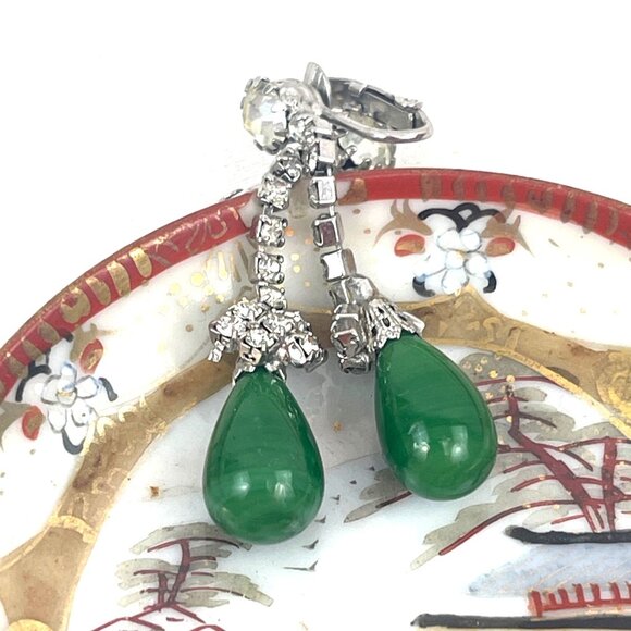 Kramer Green Teardrop Clip-On Earrings With Rhinestones - Picture 6 of 9